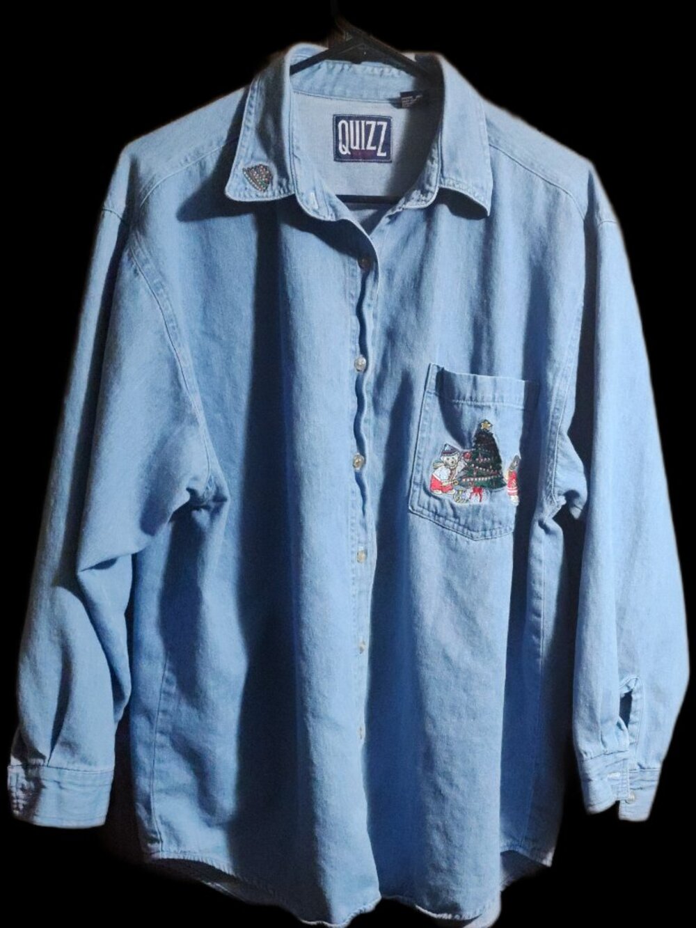Quizz New York Vintage Embroidered Christmas Denim Long-Sleeve Shirt